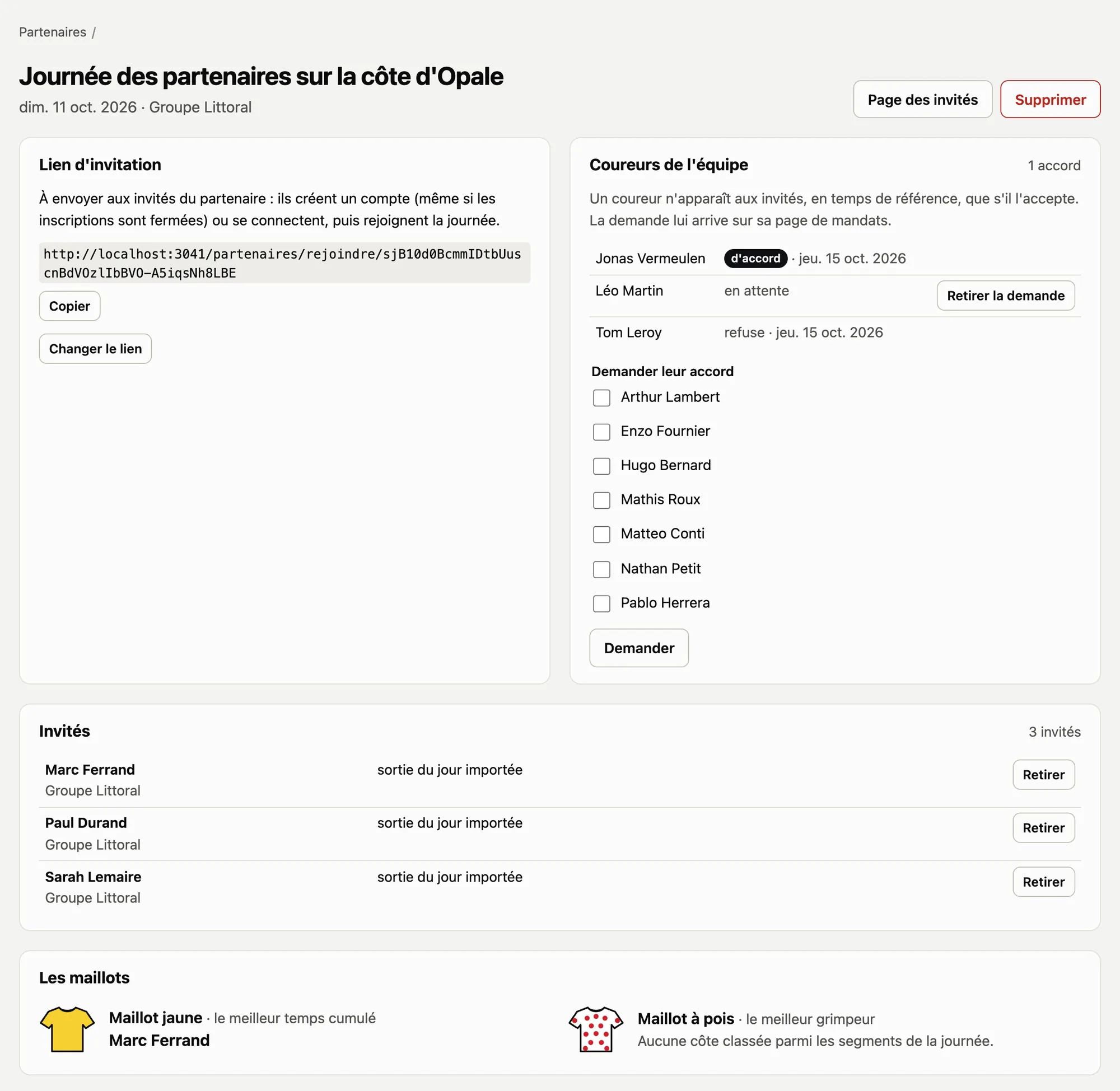 Une journée des partenaires : le lien d’invitation, l’accord des coureurs, les invités et les maillots.