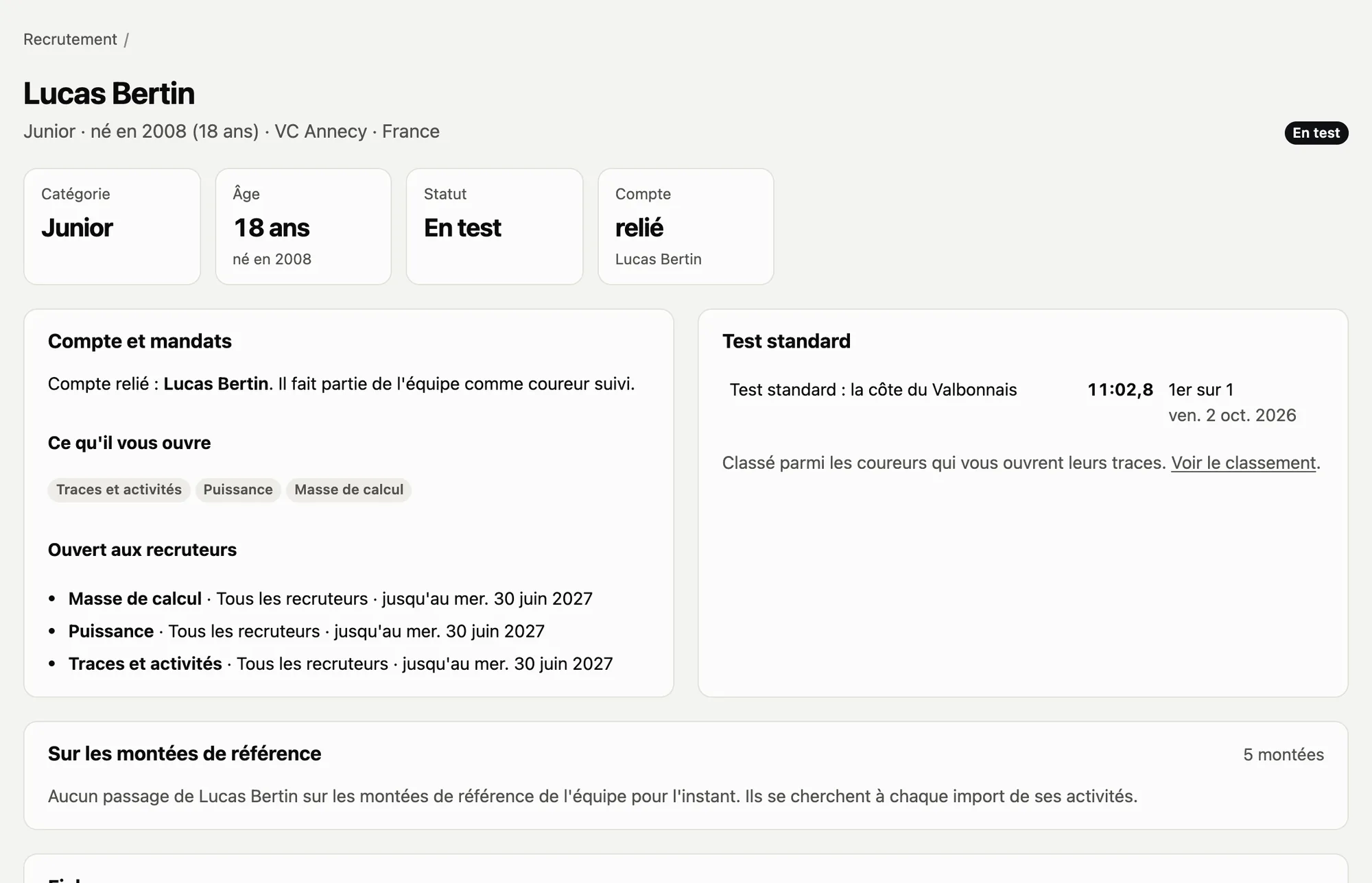 La fiche d’un junior suivi : catégorie, âge, statut, ce qu’il ouvre aux recruteurs et son test standard.